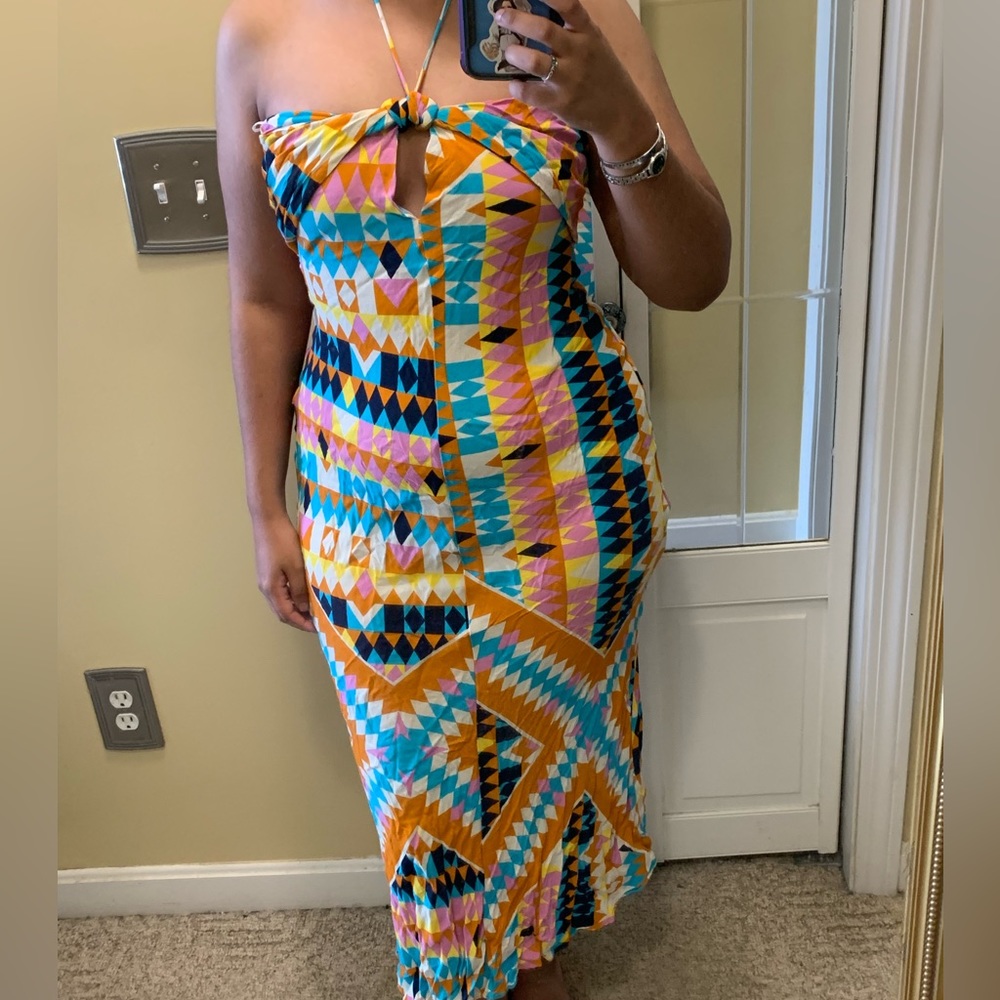 Zara Geometric Printed Strappy Halter Midi Dress Size M Medium Boho